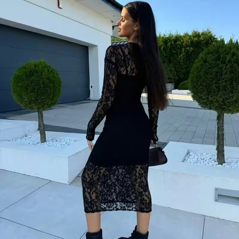 Hollow Out Lace Party Dress Fashion Sexy Printing Slim - Additional View 4