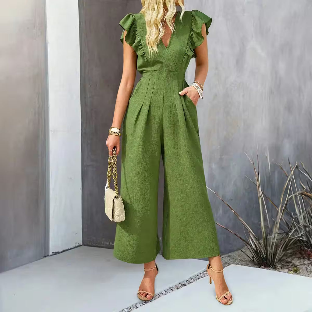 V-neck Flying Sleeves High-waisted Wide-leg Pants Jumpsuit - Additional View 5