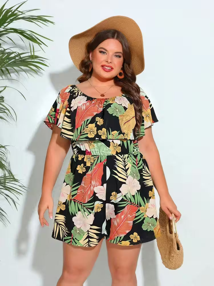 Rings - Plus Size Floral Print Off Shoulder Jumpsuit
