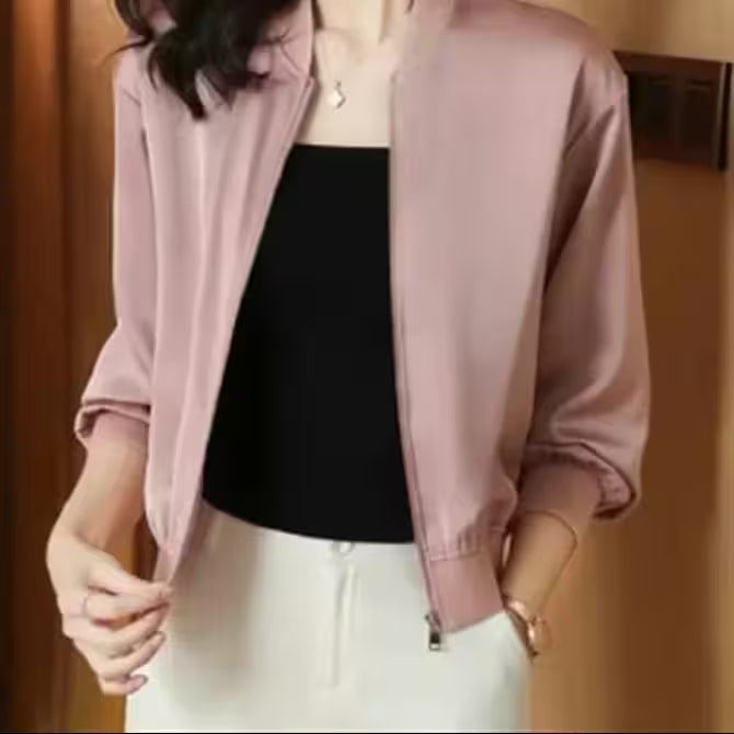 Coat Short - silk-short-jacket-woman-coat-loose-satin-outwear-solid-color-cloth-zip-baseball-jacket-spring-autumn-clothes-thin-female-jacket