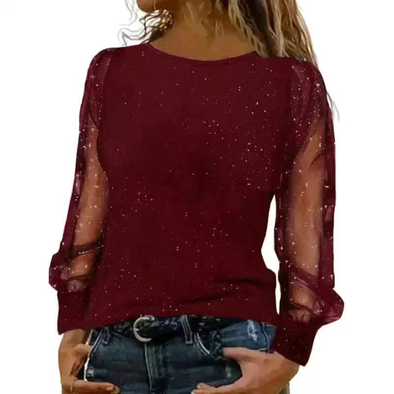 Blouse Glitter Puff Sleeve Sheer Mesh Print - Additional View 12