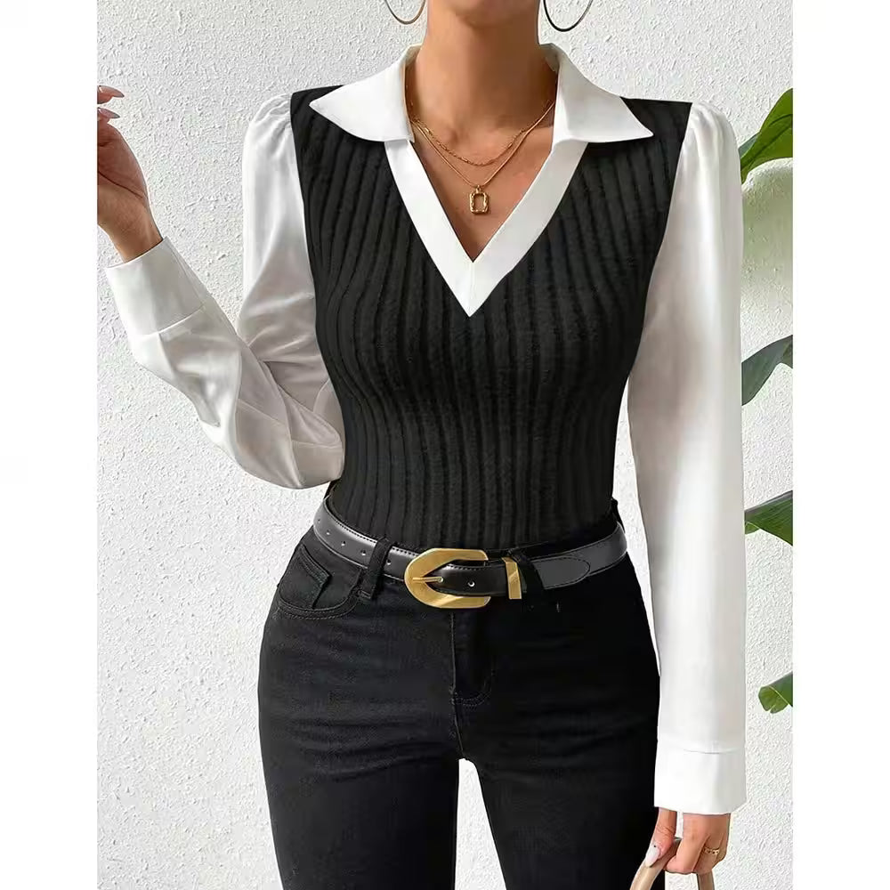 Shirt Long Sleeve V Neck Collar Slim Fit Blouses - Additional View 2