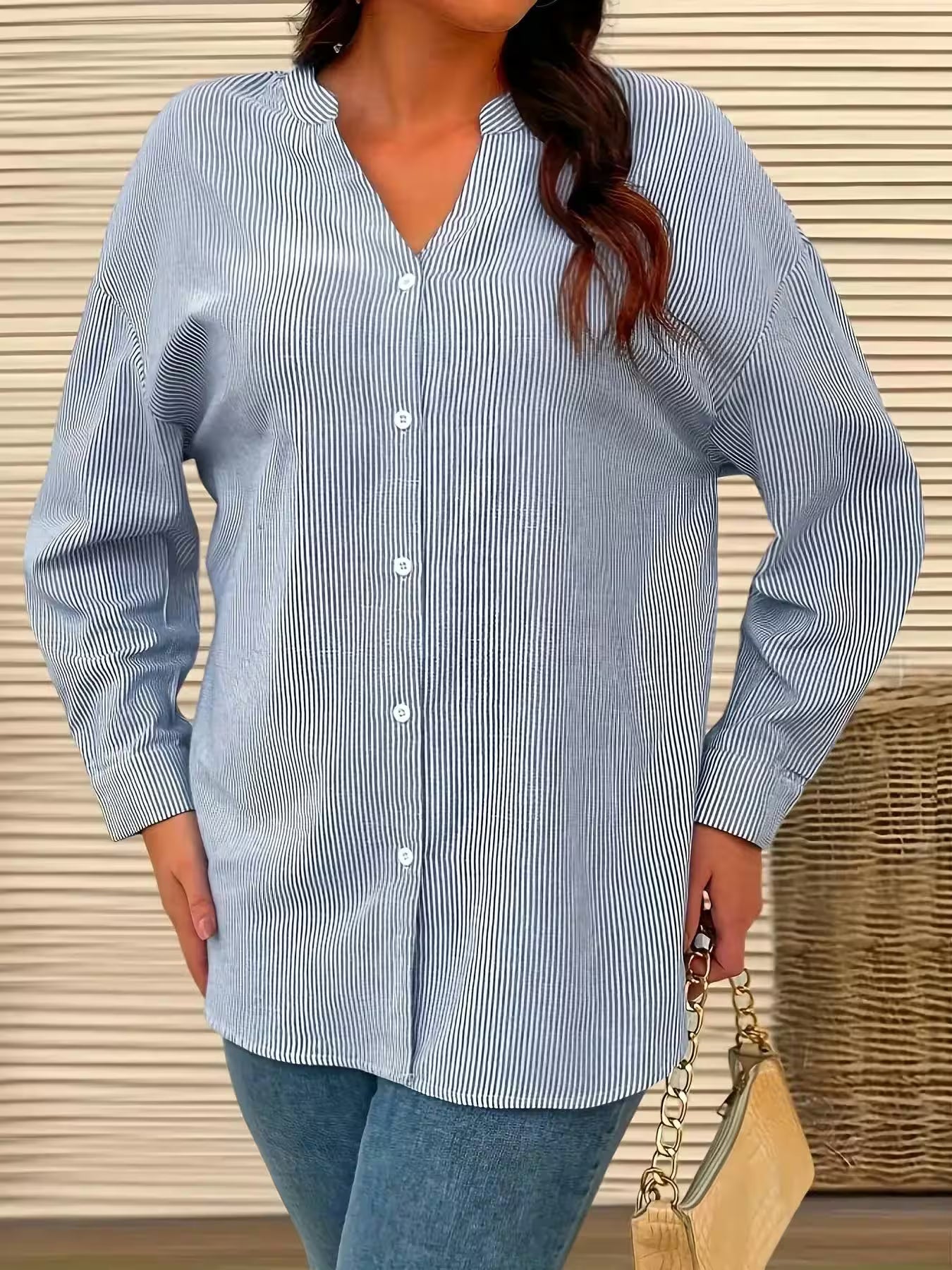 Plus Size Casual Shirt Office Lady Stripe Curve Clothing - Additional View 5