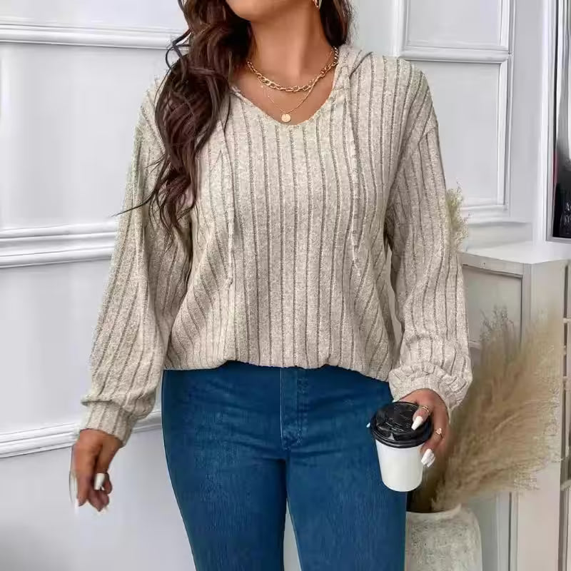 Tops - Plus Size Top V-neck Hooded Long Sleeved for Women