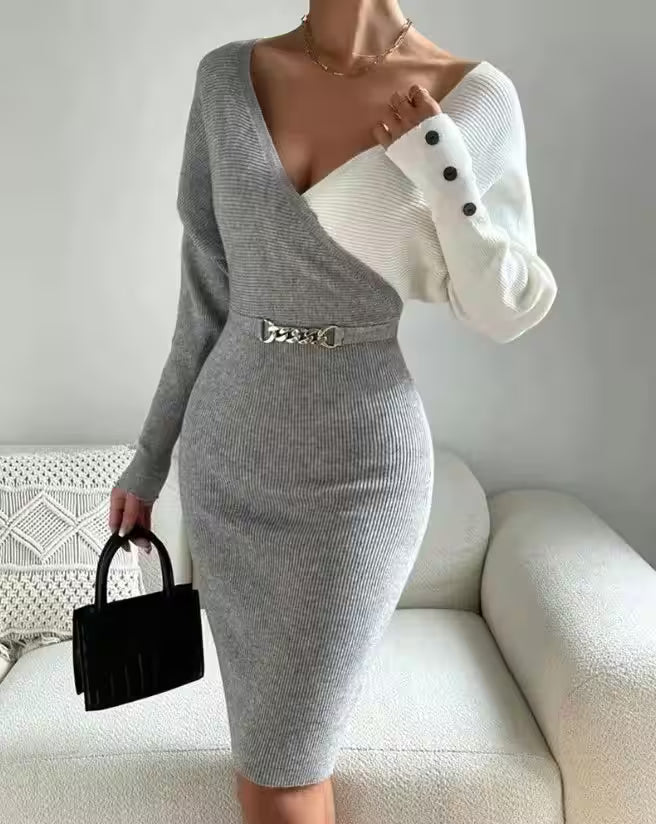 V-neck Splice Fashion Slim Fit Sexy Dress - Additional View 3