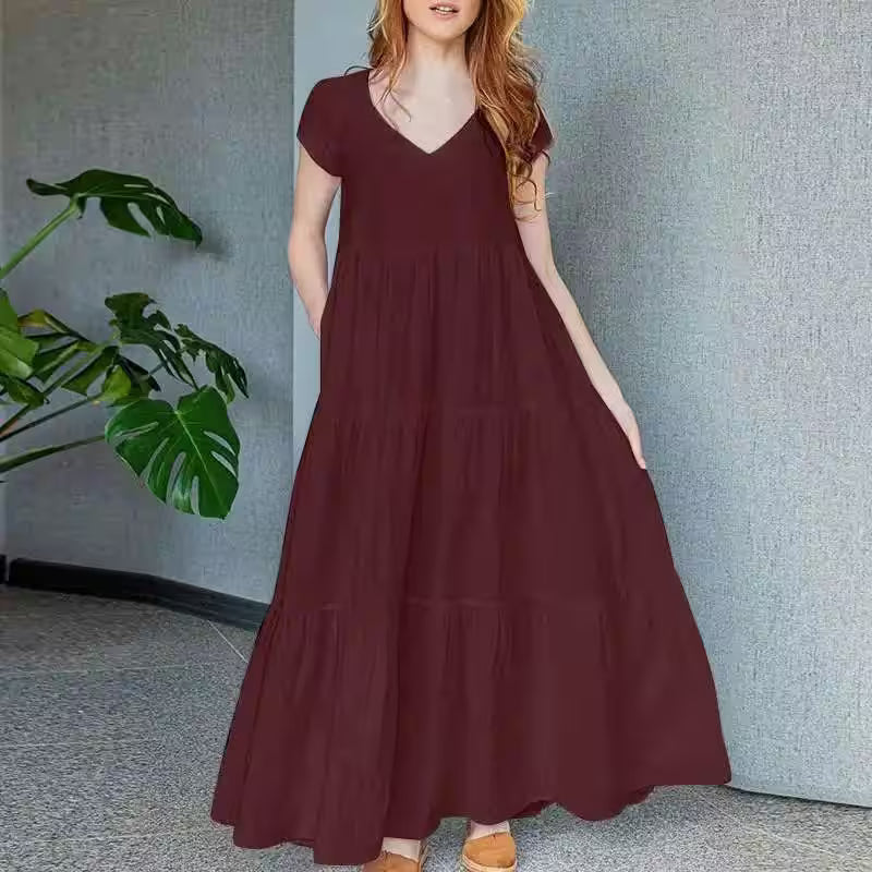 Dress Bohemian Holiday Sundress V Neck Short Sleeve - Additional View 7