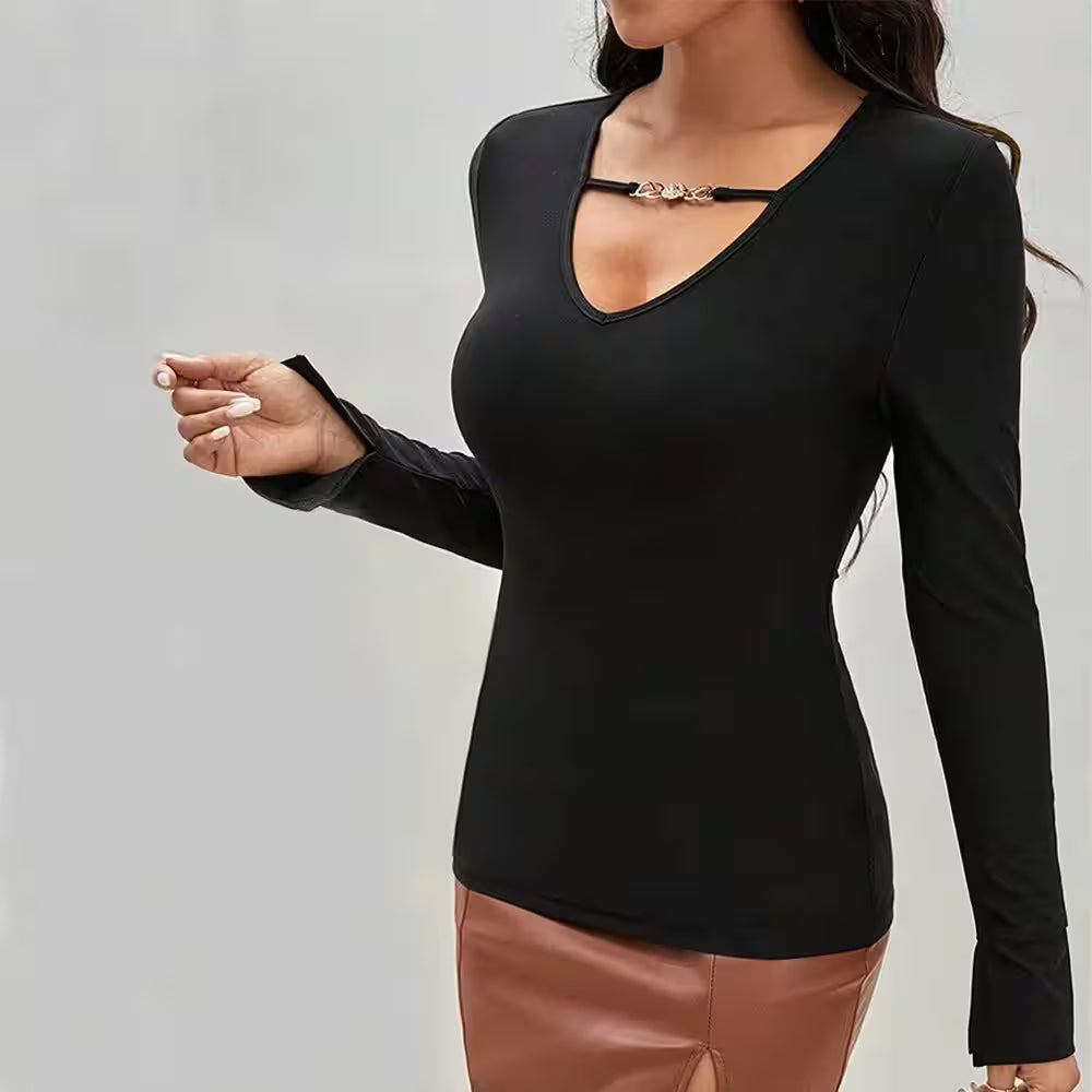 Sexy V-neck Slim Long-sleeved T-shirt - Additional View 3