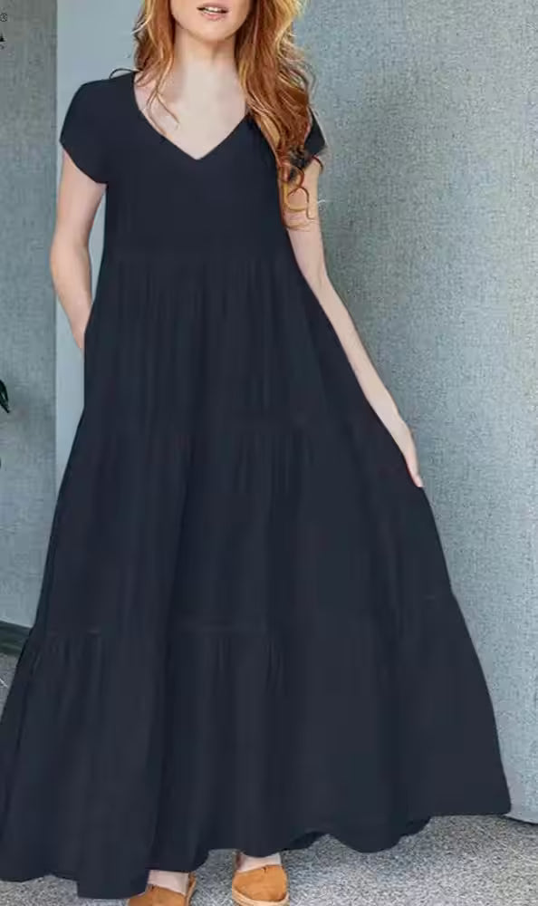 Dress Bohemian Holiday Sundress V Neck Short Sleeve - Additional View 5