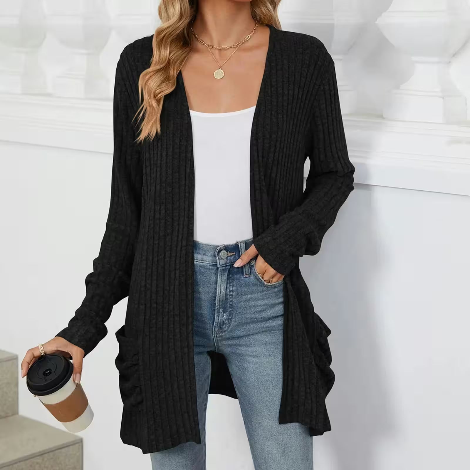 Tops - Lightweight 3/4 Sleeve Black Sweater Cardigan Casual for Women