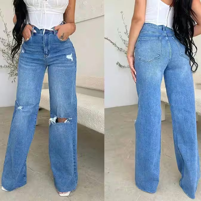 Jeans Long High Waist Ripped Frayed Comfortable Wide Leg - Additional View 5