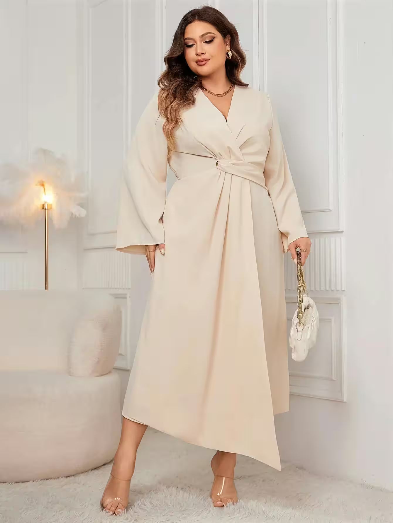 Plus Size Solid Color Dress V Neck Front Twist - Women's Fashion - View 6