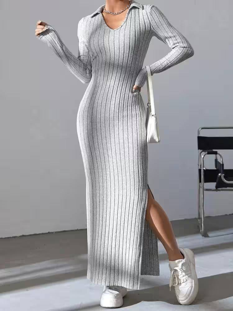 Sexy knit V-neck reverse neck split dress autumn winter - Additional View 3