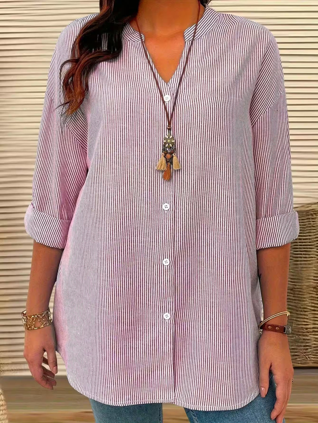 Plus Size Casual Shirt Office Lady Stripe Curve Clothing - Additional View 7