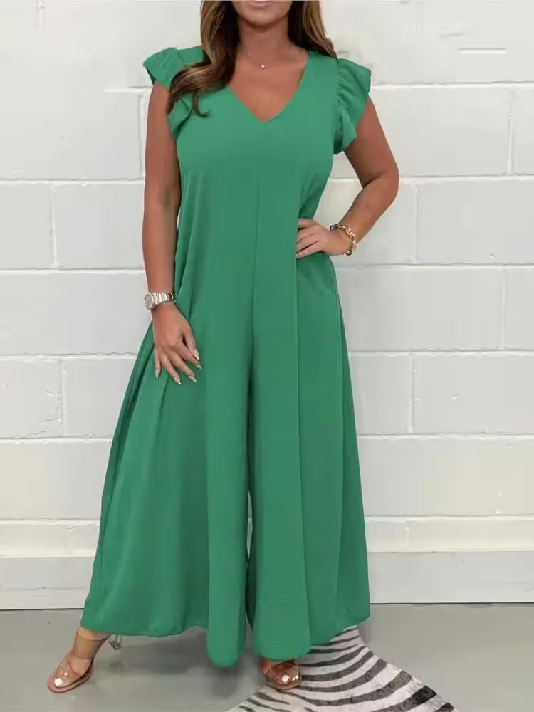 Bottoms - Ruffled Wide-leg Trousers Solid Casual Jumpsuit