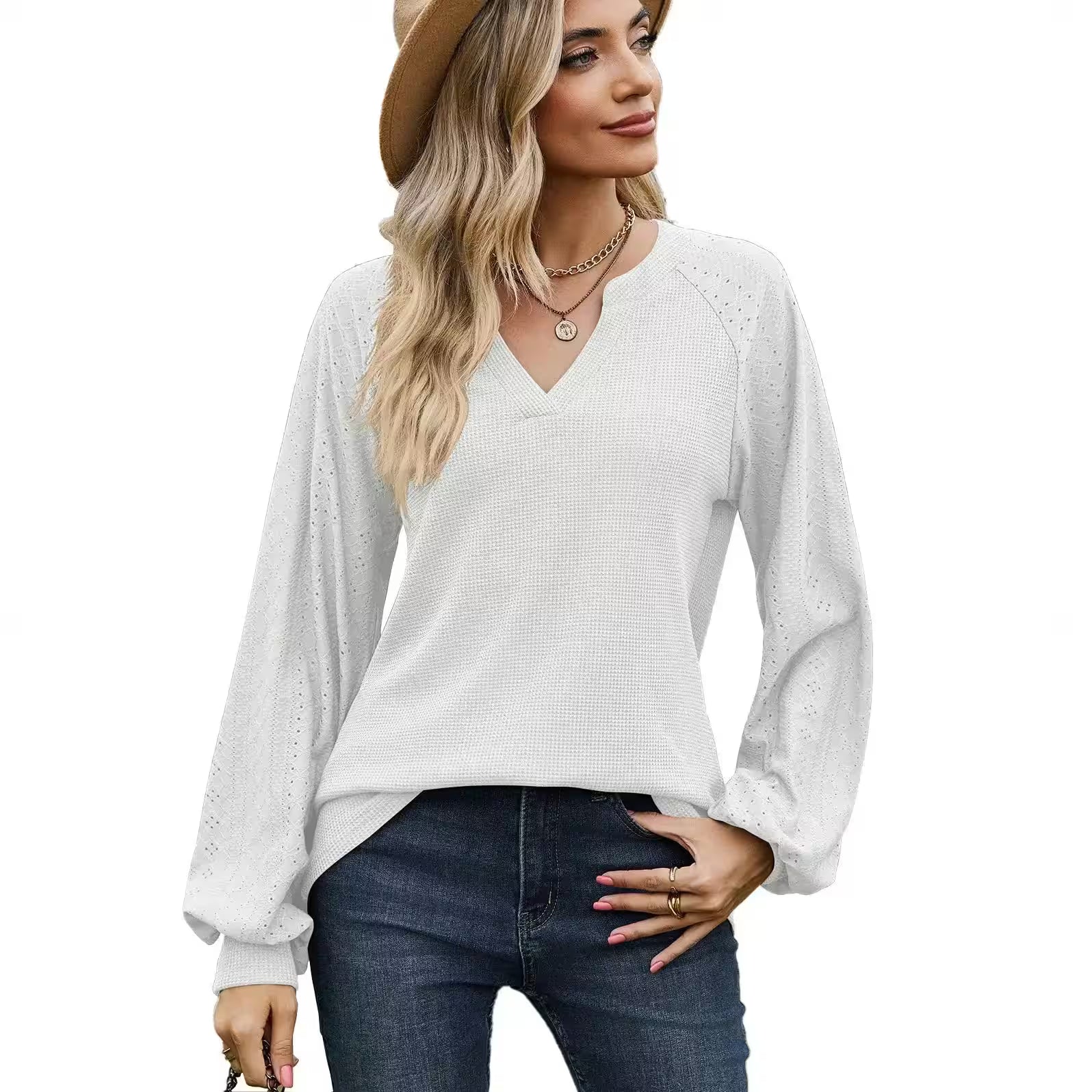 V-Neck Casual Long Sleeve T-shirt - Women's Fashion - View 6