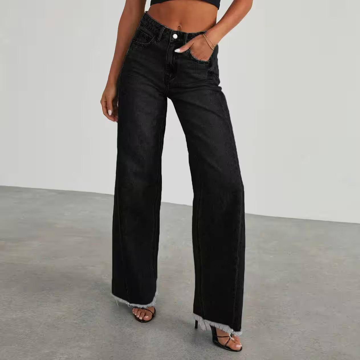 Wide Leg Side Seam Stitching Frayed Hem Jeans - Additional View 8