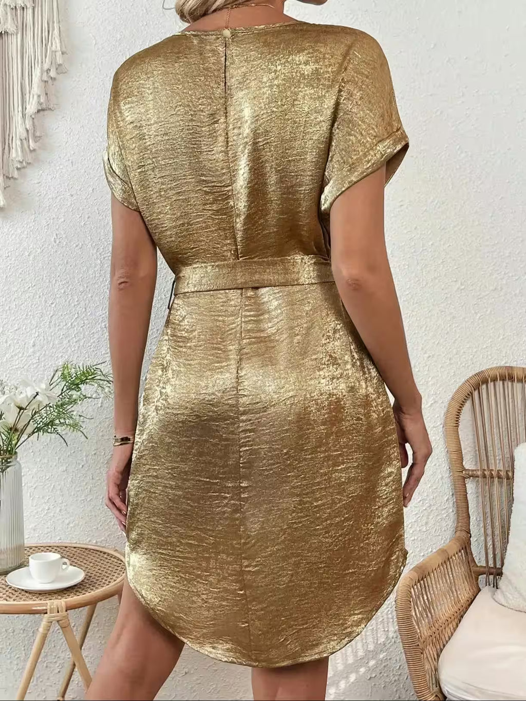 Dress Elegant small, round neck, short sleeve, belt casual - Additional View 6