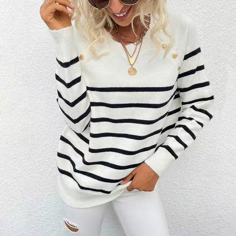 Striped Pullover Shoulder Button Sweater - Women's Fashion - View 7