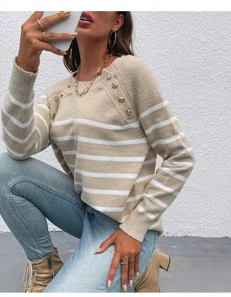 Striped Pullover Shoulder Button Sweater - Women's Fashion - View 5