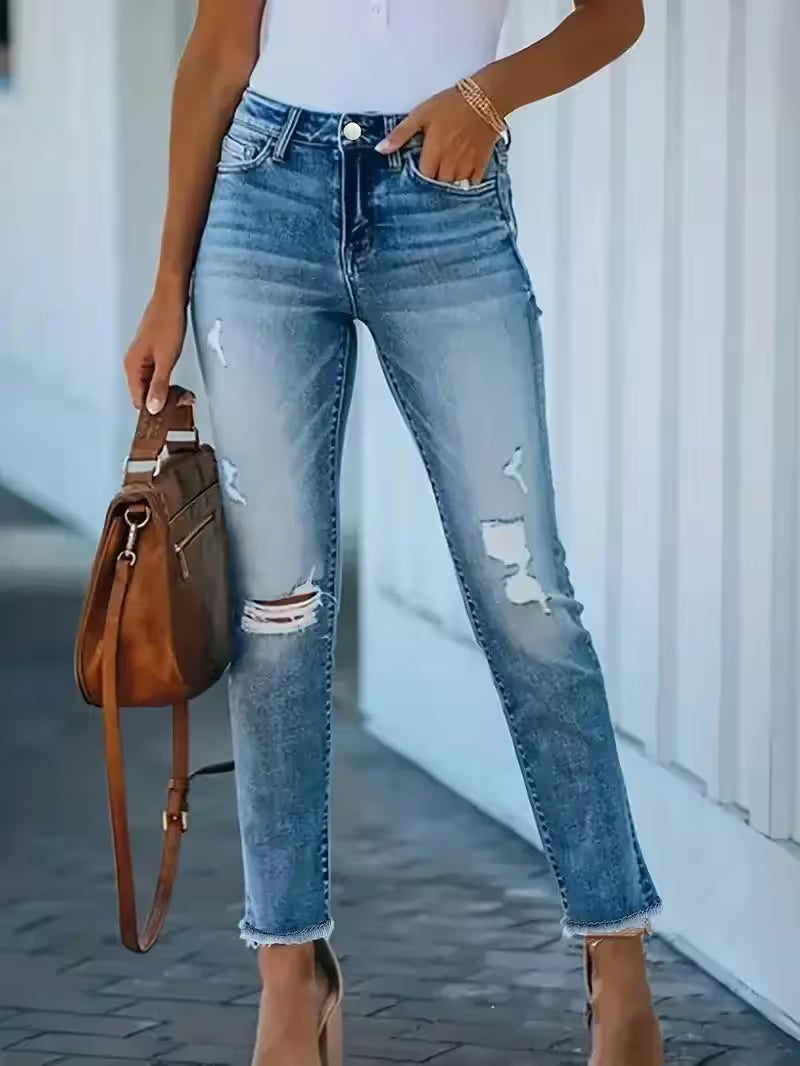 Bottoms - Elastic straight cropped pants tight ripped
