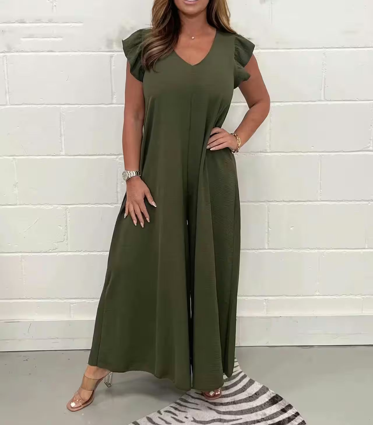 Ruffled Wide-leg Trousers Solid Casual Jumpsuit - Additional View 8