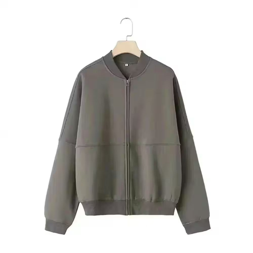 2-piece Retro Solid Color Zipper Bomber Jacket - Additional View 16