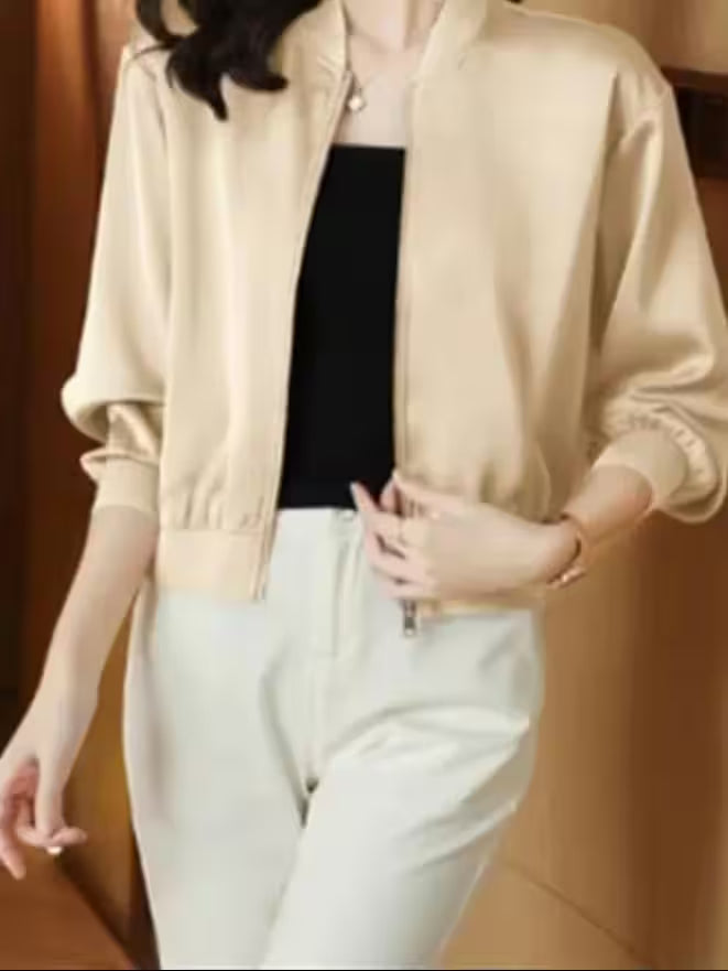 Coat Short - silk-short-jacket-woman-coat-loose-satin-outwear-solid-color-cloth-zip-baseball-jacket-spring-autumn-clothes-thin-female-jacket