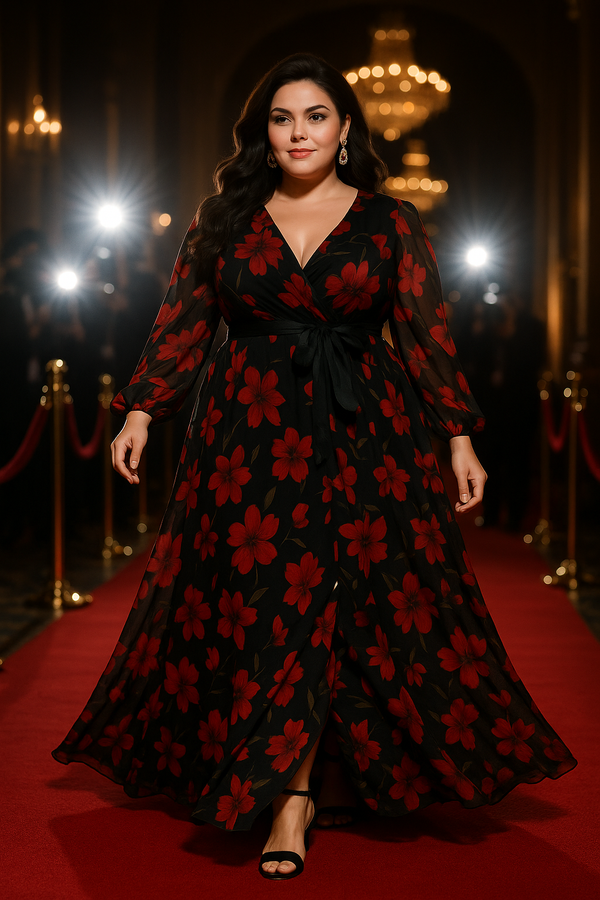 Plus Size Floral Print Belted Dress Spring