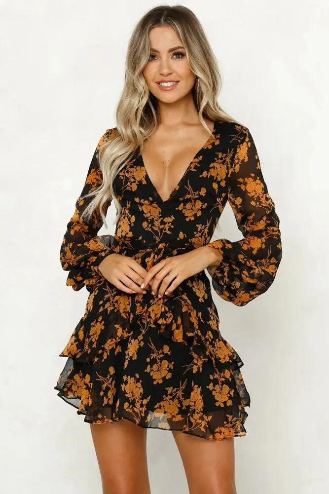 Dress V-Neck Loose Lantern Sleeve Floral