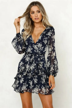 Dress V-Neck Loose Lantern Sleeve Floral