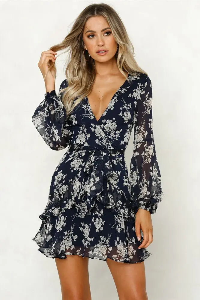 Dress V-Neck Loose Lantern Sleeve Floral