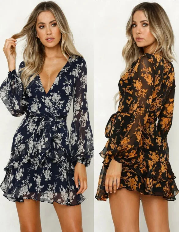 Dress V-Neck Loose Lantern Sleeve Floral