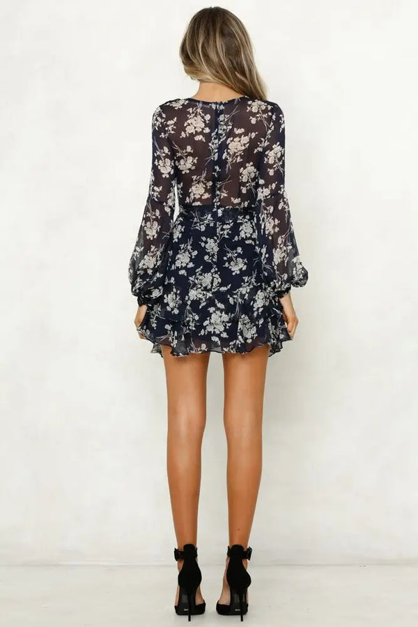 Dress V-Neck Loose Lantern Sleeve Floral