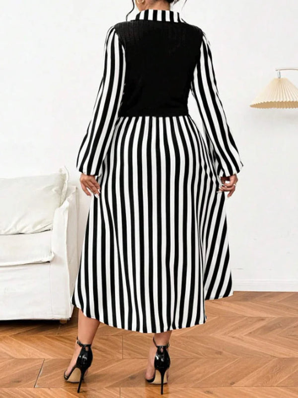 Plus Size Black And White Striped Shirt Dress