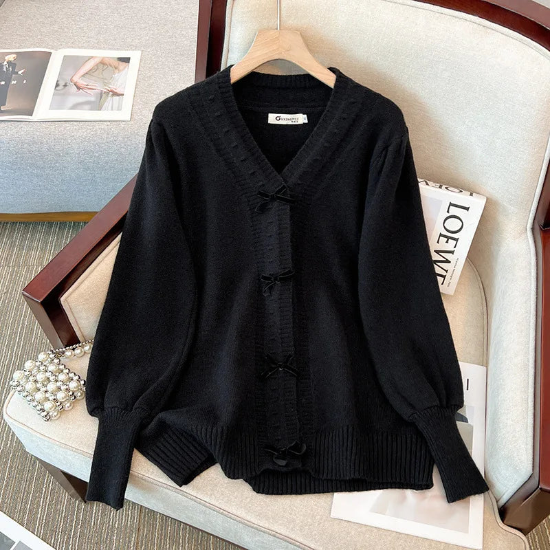 Plus Size Bust 150kg Spring  Loose V-Neck Bow Sweater