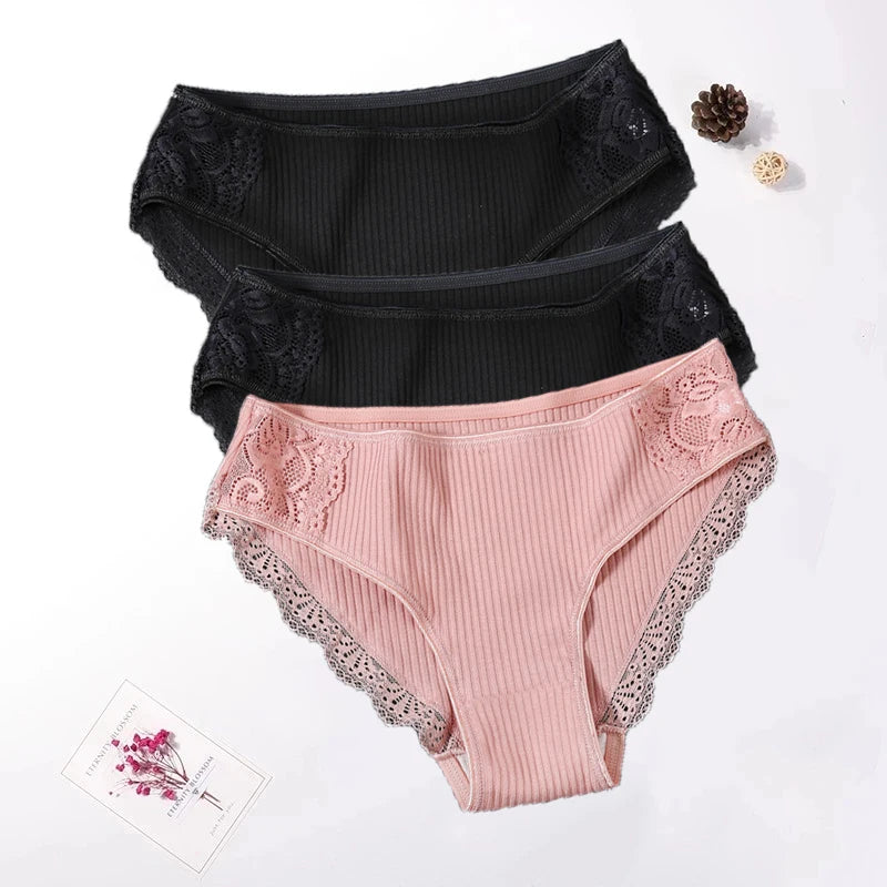 Floral Lace Cotton Panties Underwear Comfortable Lingerie 3PCS/Set