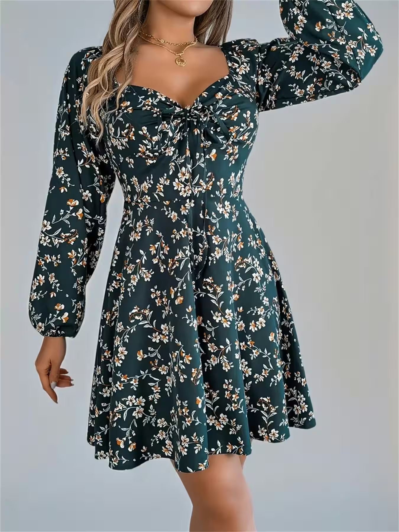 Spring Floral Long Sleeve A-line Ruffle Dress - Additional View 6