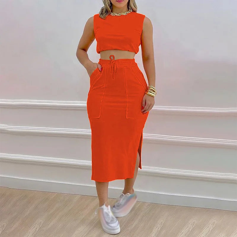 Skirt Set Solid Round Neck Short Sleeveless Top