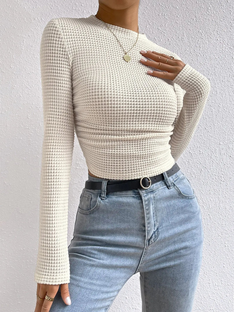 T-shirt Long-sleeved Sexy Slim Round Neck Top Textured