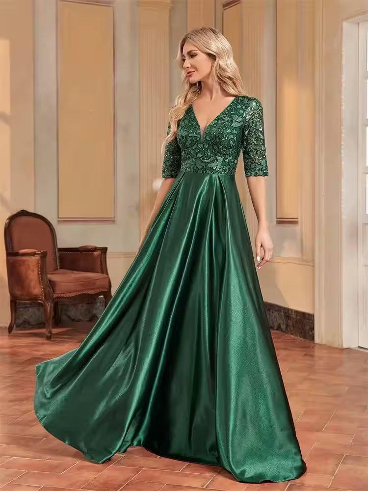 Luxury Short Sleeve Green Satin V-Neck Dress - Additional View 4