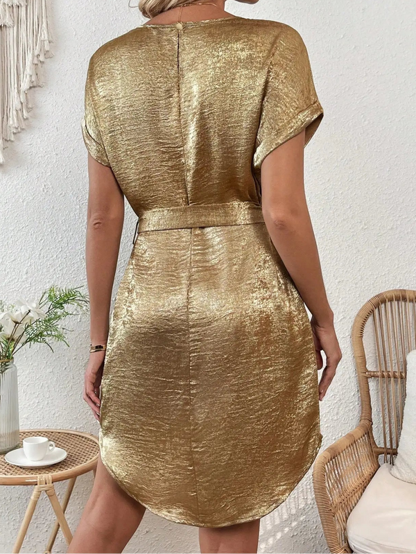 Dress Elegant small, round neck, short sleeve, belt casual
