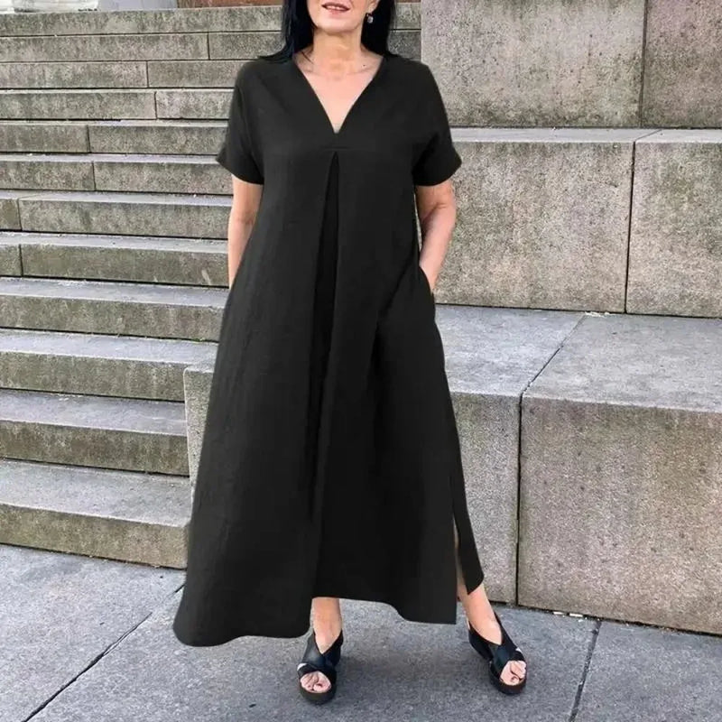 Plus Size Fashion Dress V-neck Solid Color Casual