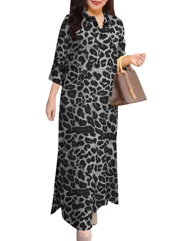 Lapel Neck Leopard Dresses