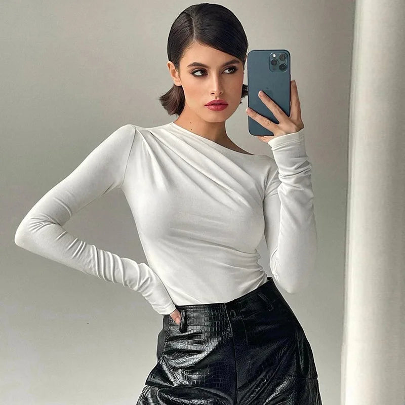 T-Shirts Basic Crop Top Autumn Pollover Solid Skew Neck