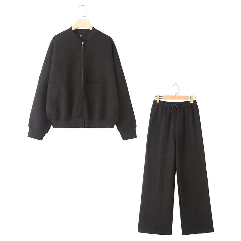 2-piece Retro Solid Color Zipper Bomber Jacket