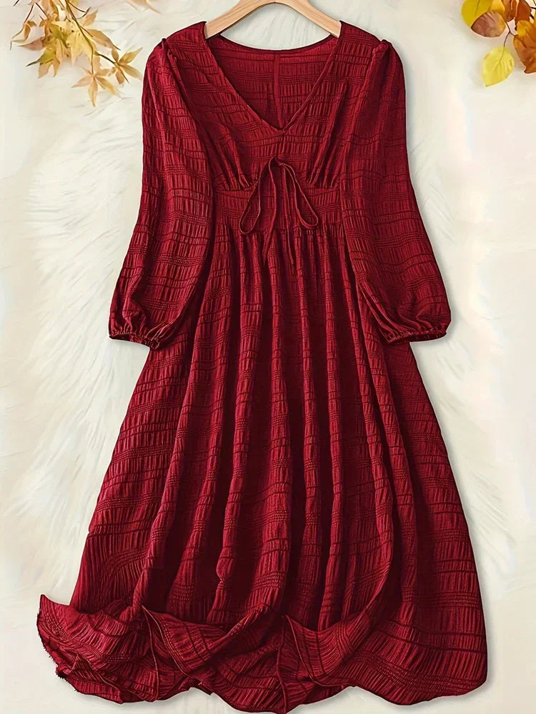 Plus Size Casual Dress with Textured Lantern Sleeves