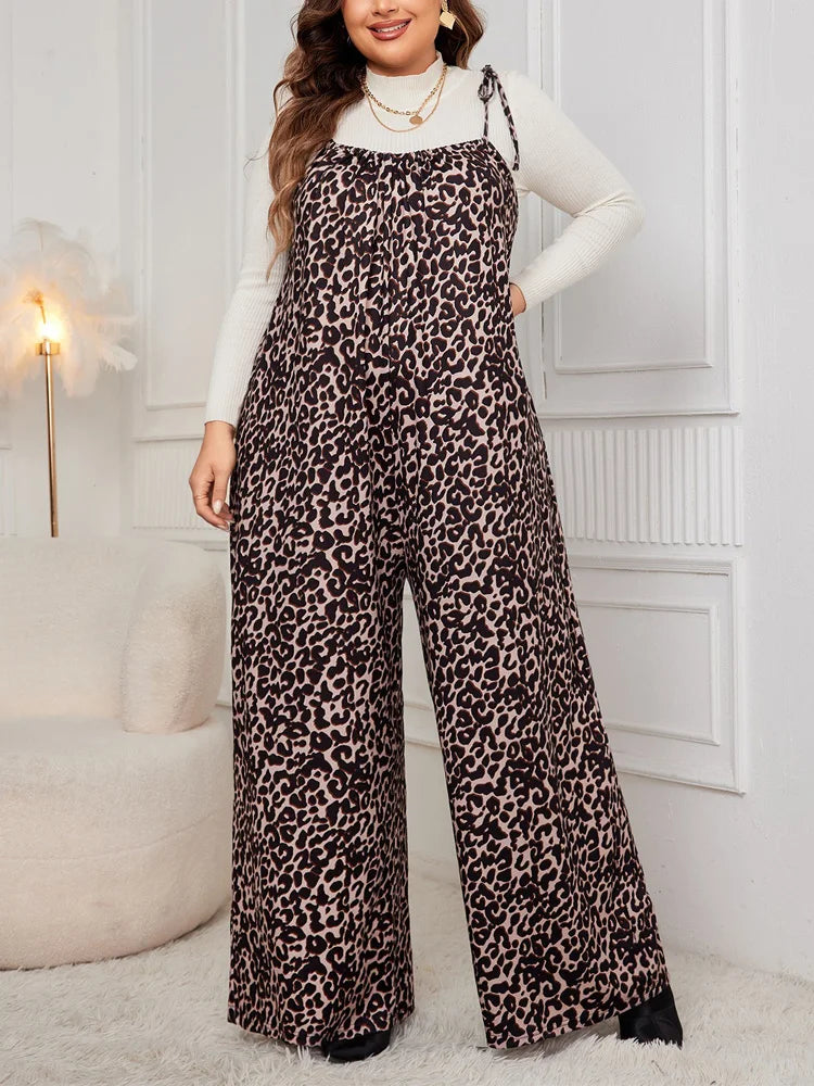 Plus Size Leopard Print Tie Shoulder Jumpsuits