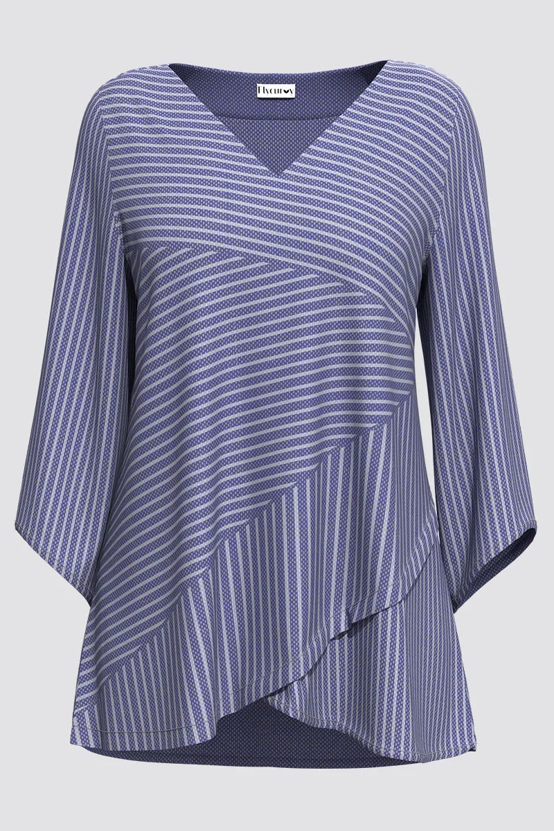 Plus Size Casual Striped Print V Neck Asymmetric