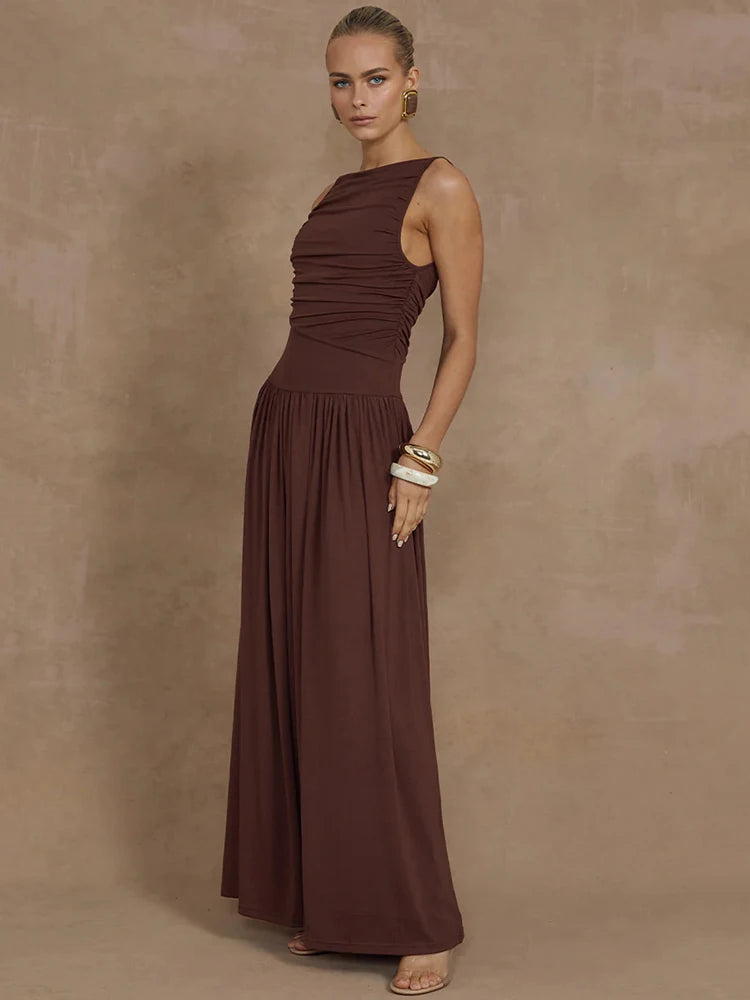 Women's Boat Neck Tank Dress - Sexy Ruched Long Gown