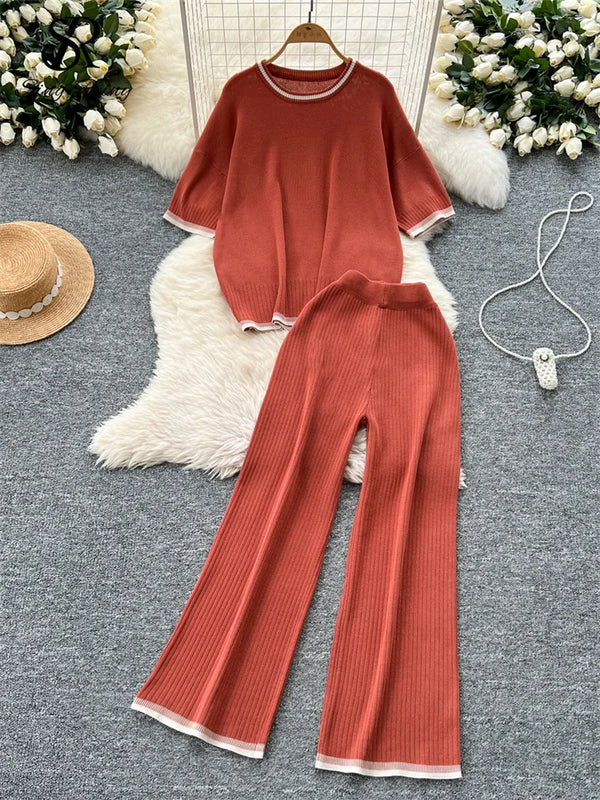 Short Sleeves Loose Top+High Waist Wide Legs Pants